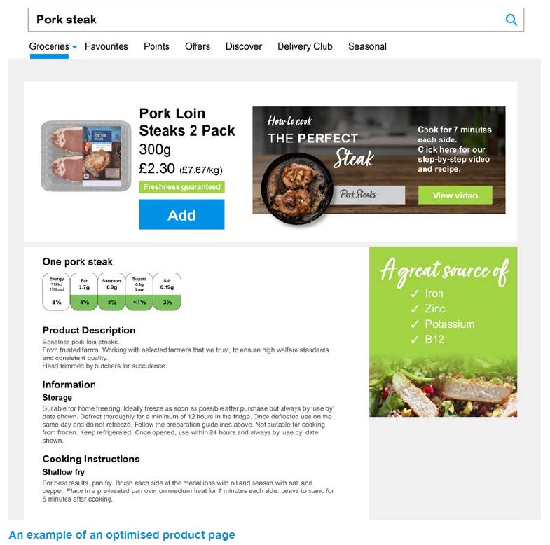 an optimised product page for pork steaks with inspiration and health messaging